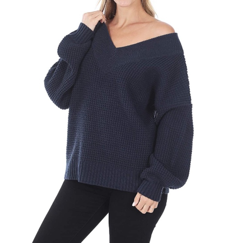 NEW Zenana | Navy Balloon Sleeve Wide V Neck Waffle Sweater, Large